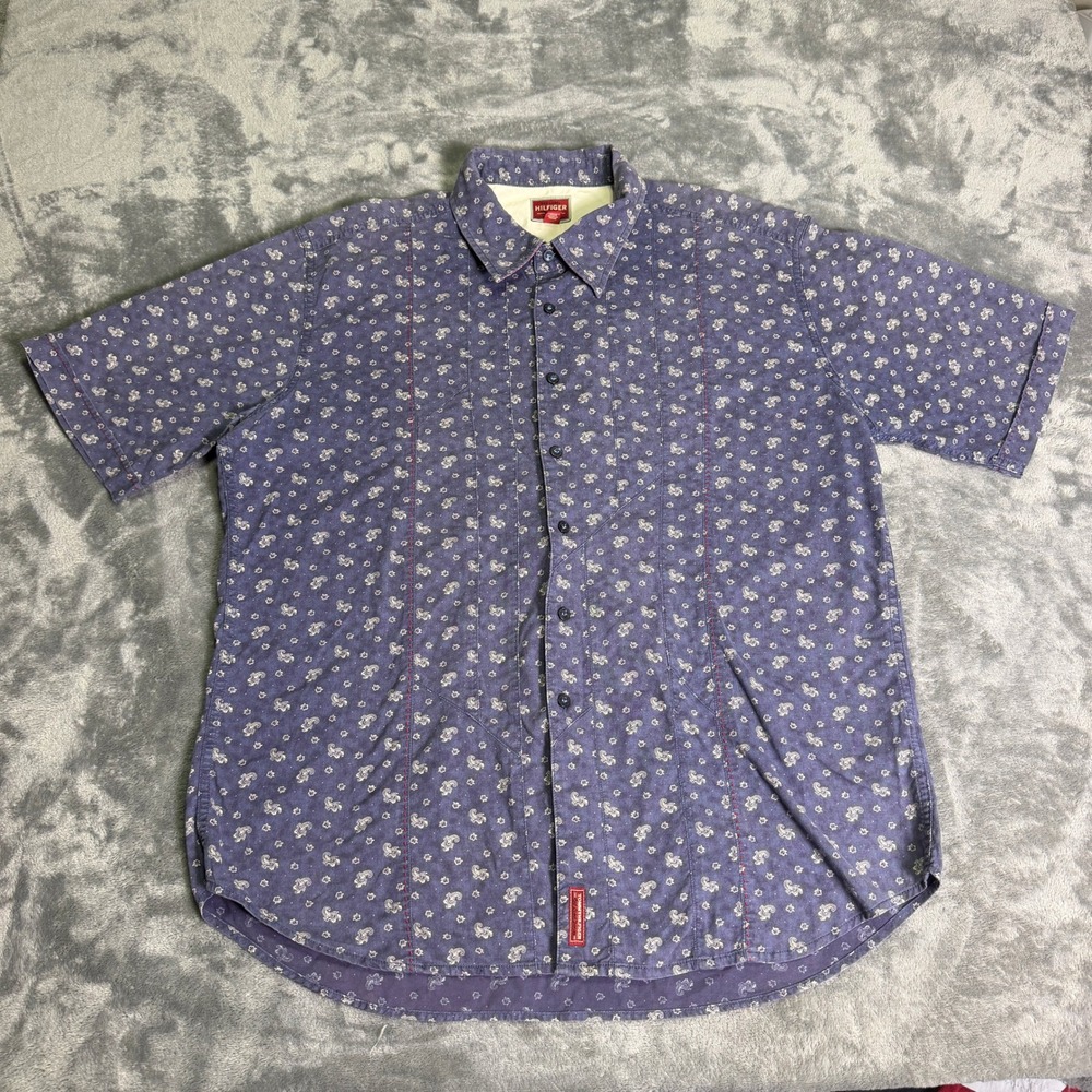 Tommy Hilfiger Red Label Denim Mens XXL Blue Paisley Short Sleeve Button Down